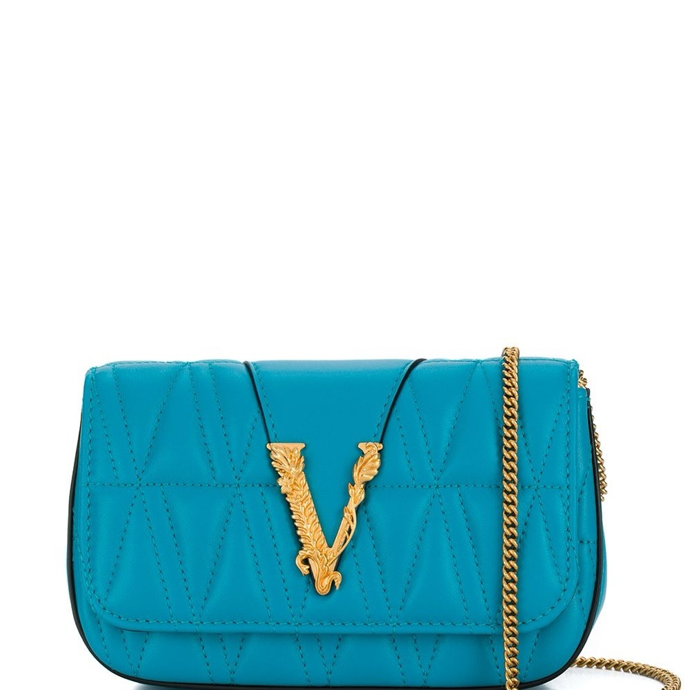 Versace Virtus vibrant Blue Quilted Crossbody Bag with Gold Chain